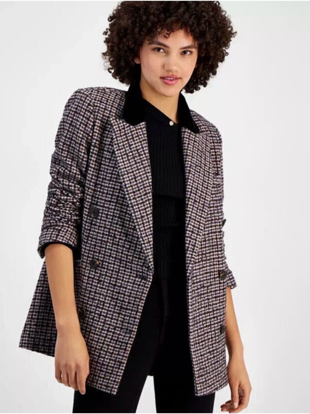 Avec Les Filles Black and White Houndstooth Double-Breasted Blazer